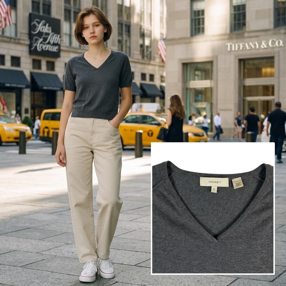 Inhabit 100% Cashmere Short Sleeve V-Neck Sweater Charcoal Gray Small 2221